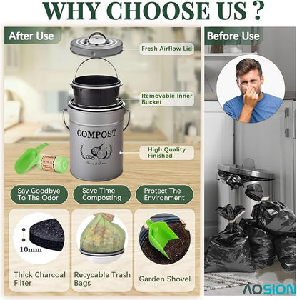 AOSION 1 Gallon Countertop Compost Bin for Kitchen with Lid,Odor Resistant | Farmhouse compost bin with charcoal filter,inner bucket and bags,easy kitchen food waste storage
