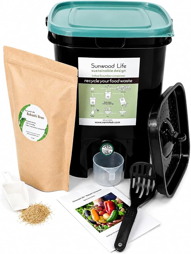 Bokashi Composting Kit, 5-Gallon Indoor Kitchen Composter - Gray, with 2.2 lb Premium Bokashi Bran, Odor-Reducing Food Waste Recycling System, US Patented (Black)