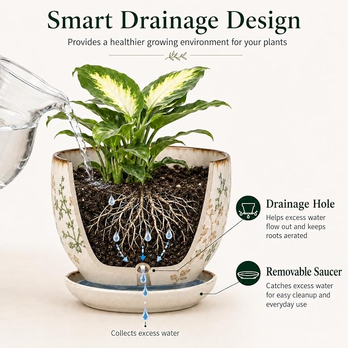 Retro Ceramic Garden Pots, 5.8 Inch Plant Pots with Drainage and Attached Saucer Set of 4, Chinoiserie Floral Large Flower Pots for Home Decor, Plant Lover Gifts, White Green