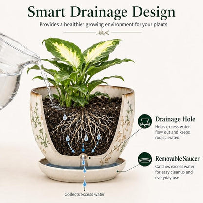 Retro Ceramic Garden Pots, 5.8 Inch Plant Pots with Drainage and Attached Saucer Set of 4, Chinoiserie Floral Large Flower Pots for Home Decor, Plant Lover Gifts, White Green
