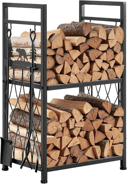 VEVOR Indoor Firewood Rack, 1.3 ft 2-Tier Firewood Holder with Fireplace Tools, Brush, Shovel, Poker, Tongs, Heavy Duty Log Wood Rack, 400 lbs Weight Capacity, Wood Pile Storage Stacker for Fire Pit