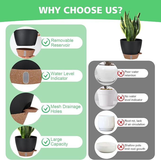 12" 10" 9" 8" Self Watering Pot for Indoor Plants, Large Plastic Planters Set with Water Level Indicator Deep Reservoir Tray, Bottom Watering Big Flower Pots with Mesh Drainage Hole - Black