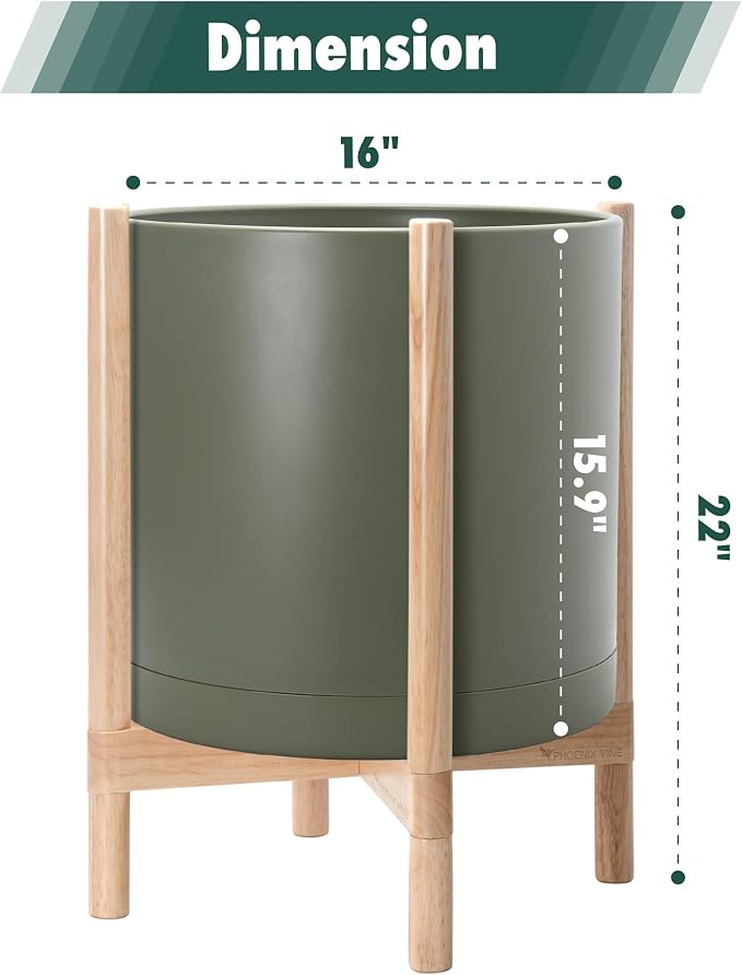 D'vine Dev Plastic Pot with Natural Wood Stand, Olive, 16 in, 55-C-Y-3 | Mid-Century Inspired Design, Elevated Plant Display, Clean Lines, Sturdy Support, Modern Space-Saving Style