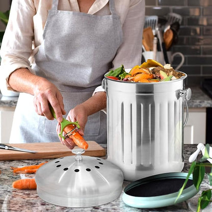 ENLOY Compost Bin for Kitchen Countertop, 1.3 Gallon Stainless Steel Indoor Compost Bucket for Kitchen Countertop Odorless Compost Pail for Kitchen Food Waste with Carrying Handle Easy to Clean