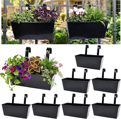12" Balcony Railing Planters, Outdoor Hanging Planter for Fence, Stylish Metal Porch Deck Flower Pot for Herbs & Succulents (Rectangular-Black, Pack of 8)
