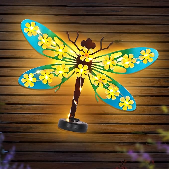 Metal Dragonfly Outdoor Wall Decor with 30 Led Solar Lights- 13.9" Outdoor Fence Wall Art Decor, Gift for Mom Grandma Women Birthday Gardening,Hanging Decoration for Garden Patio Porch Yard