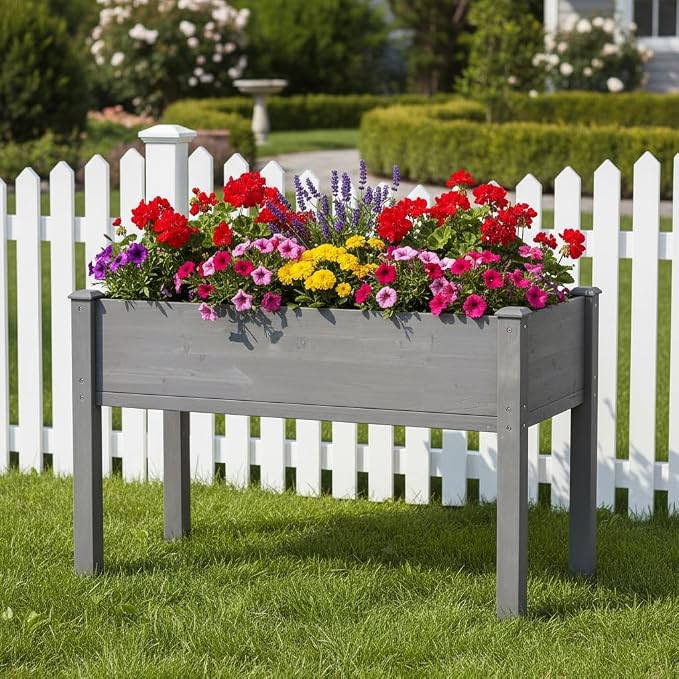 Raised Garden Bed with Legs Elevated Wooden Planter Box for Backyard Patio Balcony Deep Grow Box for Vegetables Flowers Fruits & Herbs (Grey, 48x24x30in)