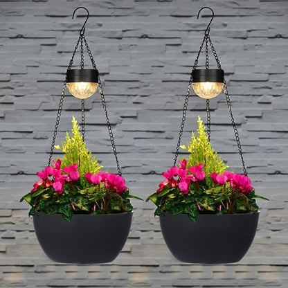BAYN 2 Packs Solar Hanging Basket Planters for Plants Outdoor | Self Watering, Black Flower Pots with Solar Light , Hanging Planters with Drainer for Balcony Patio Garden Decoration