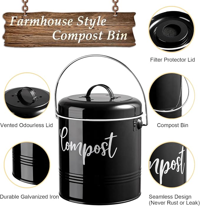 DAYYET Compost Bin Kitchen, 1.3 Gallon Farmhouse Kitchen Compost Bin Countertop, Indoor Countertop Compost Bucket with Lid and Charcoal Filters, Black