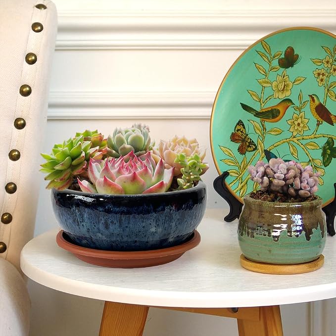 7 Inch Glazed Terracotta Plant Pot Round Ceramic Succulent Planter Pot with Drainage and Mesh Pad Cactus Clay Bonsai Pot (Blue)