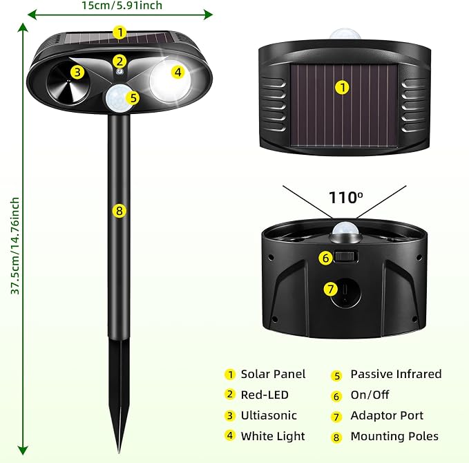 4 Pack Upgraded Solar Animal Repellent Ultrasonic Outdoor for Cats, Raccoons,Squirrels,Rabbits &Foxes,Sonic Deer Repellent Devices Waterproof with Motion Sensor& Flashing Animal Deterrent for Garden