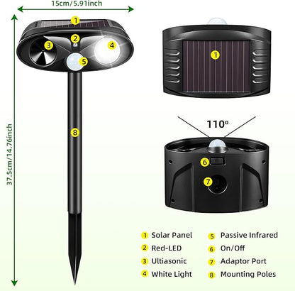 4 Pack Upgraded Solar Animal Repellent Ultrasonic Outdoor for Cats, Raccoons,Squirrels,Rabbits &Foxes,Sonic Deer Repellent Devices Waterproof with Motion Sensor& Flashing Animal Deterrent for Garden