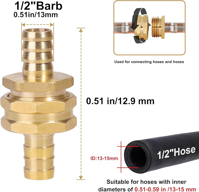 SIGURANTA Garden Hose Repair Connector with Clamps Hose End Repair Kit, 1/2"Barb Garden Hose Fittings Male and Female brass garden hose ends (1/2"Barb-2 Set)