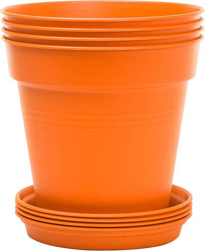 Mintra Garden Pots, 4 Pack Bulk Plastic Plant Pots with Drainage Tray, Round Indoor & Outdoor Decorative Planters with Drain Holes for Flowers, Herbs & Plants, 19cm Diameter – Orange, 7.5 in