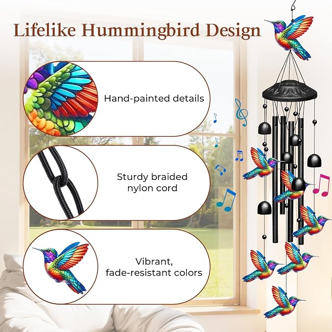 Hummingbird Wind Chimes for Outside,Soft Tone Black Metal Windchimes with Bells,Vivid Hummingbirds Decor for Garden Yard Patio,Memorial Sympathy Gifts for Women, Mom, Grandma,Bird Lovers in Gift Box