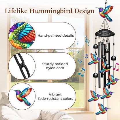 Hummingbird Wind Chimes for Outside,Soft Tone Black Metal Windchimes with Bells,Vivid Hummingbirds Decor for Garden Yard Patio,Memorial Sympathy Gifts for Women, Mom, Grandma,Bird Lovers in Gift Box