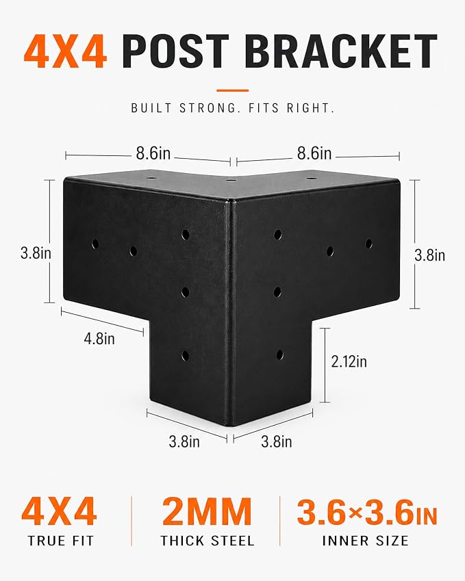 Pergola Brackets 4x4, Large-Body 3-Way Right Angle Corner Bracket for 4x4 Lumber, Actual 3.6 x 3.6 in Inner Size, Heavy Duty Pergola Kit for Gazebo, Patio & Backyard Builds