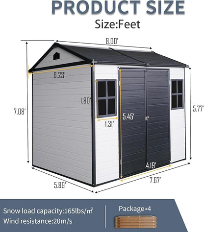 Ball & Cast 8x6 FT Resin Outdoor Storage Shed,Waterproof Garden Organizer Tool House with Floor & Two Windows,Backyard Cabinet w/Lockable Door and 2 Ventilation,Shelter for Car,Lawnmower,Grey+White