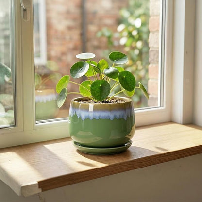 Ceramic Planter 6 Inch - Ceramic Pots for Plants with Drainage and Saucer, Decorative Small Succulent Pots for Indoor Plants, Round Plant Pot, House Decor, House Warming Gifts, Green-Blue
