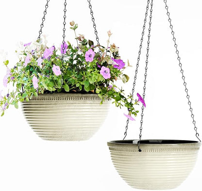 Vanslogreen 2 Pack Hanging Planters for Indoor Outdoor Plants, 10 Inch Hanging Planter with Drainage Hole & Plug Glazed Hanging Baskets Flower Pots for Garden Home (Off-White)