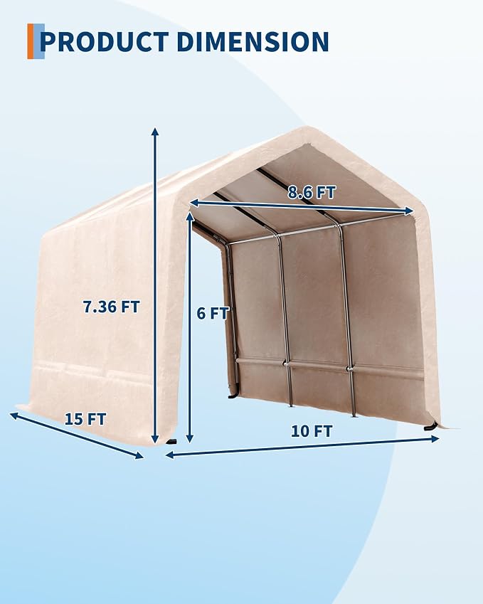 10X15 Ft Heavy-Duty Portable Outdoor Storage Shed with Roll-Up Door & Vent, 240g Waterproof PE Tarp & UV Protection, Carport Storage Shelter for Motorcycles, Firewood, Garden Tools - Khaki