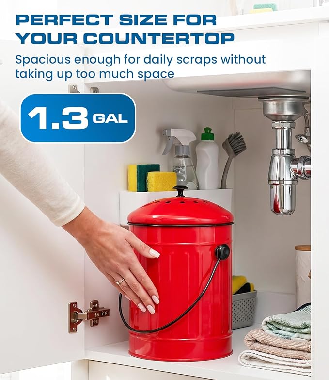 Plexon Countertop Compost Bin Kitchen with Lid, Red 1.5 Gallon Odorless Compost Container, Steel Food Compost Bucket for Kitchen with Charcoal Filter, Pail for Countertop