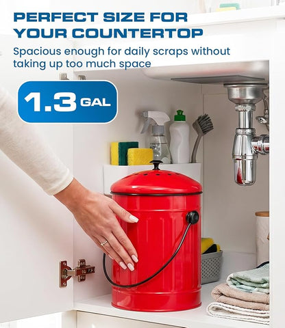 Plexon Countertop Compost Bin Kitchen with Lid, Red 1.5 Gallon Odorless Compost Container, Steel Food Compost Bucket for Kitchen with Charcoal Filter, Pail for Countertop