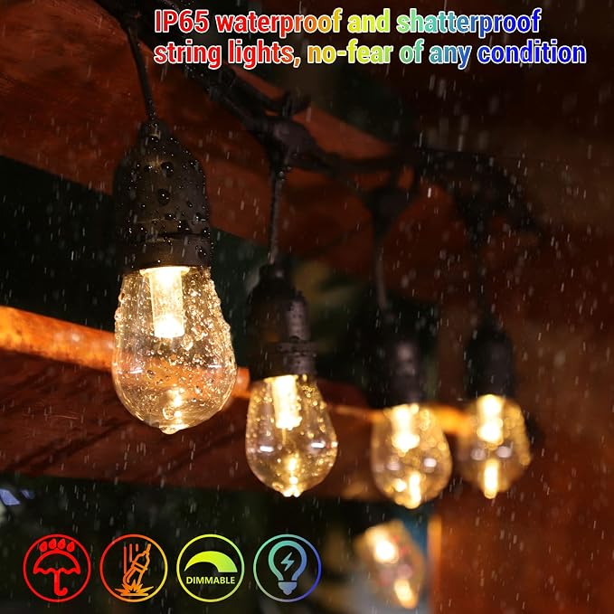 48FT Solar Outdoor RGB String Lights, 15+3 Waterproof Shatterproof LED Bulbs Dimmable Patio String Lights with Remote, Commercial Solar String Light for Patio Yard