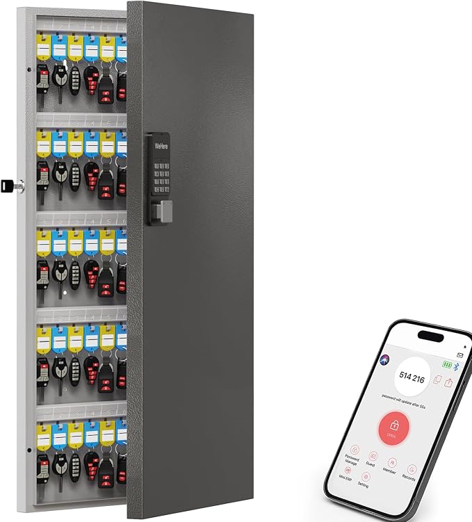 WeHere 120-Key Smart Key Lock Box with Key Management App(Track Key Borrow/Return), Keypad, Bluetooth & WiFi Unlock (Sold Separately), Wall-Mount Commercial Key Cabinet for School, Rental, Office