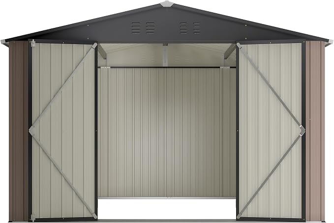 YOPTO 10 x 10 FT Outdoor Storage Shed,Heavy Duty Tool Sheds Metal Storage Garden Shed with Sloped Roof and Lockable Doors,Large Metal Storage Sheds for Backyard Patio Lawn, Brow
