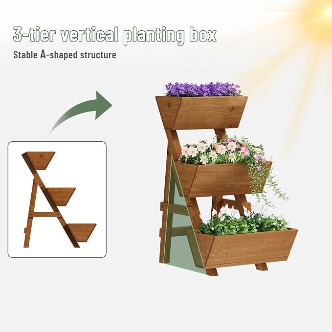 3-Tier Vertical Wooden Raised Garden Bed, Freestanding Garden Planter Box, Wood Flower Rack, Planter Box for Herbs, Vegetables, Outdoor Indoor Use, Small-Brown