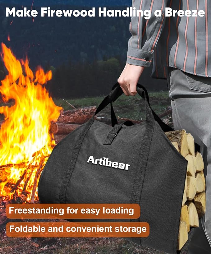 28 Inch Firewood Rack with 900D Canvas Log Carrier Bag, Outdoor Indoor Log Holder for Fireplace, Heavy Duty Fire Wood Log Stand, Wood Pile Stacker Storage Organizer Tool for Patio Deck, Black