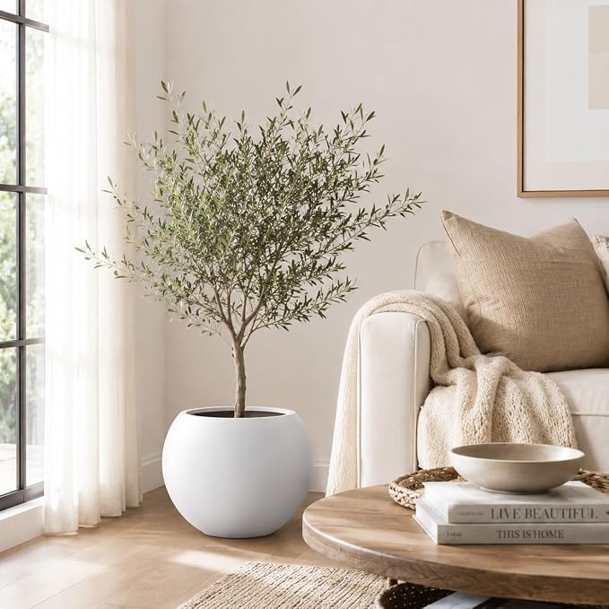 13.5" H x 17" Dia White Fiberstone Planter Pot with Drainage Hole, Large Round Indoor Outdoor Flower Pot for Artificial Olive Trees, Large Plants, Decorative Planter for Patio, Porch & Garden