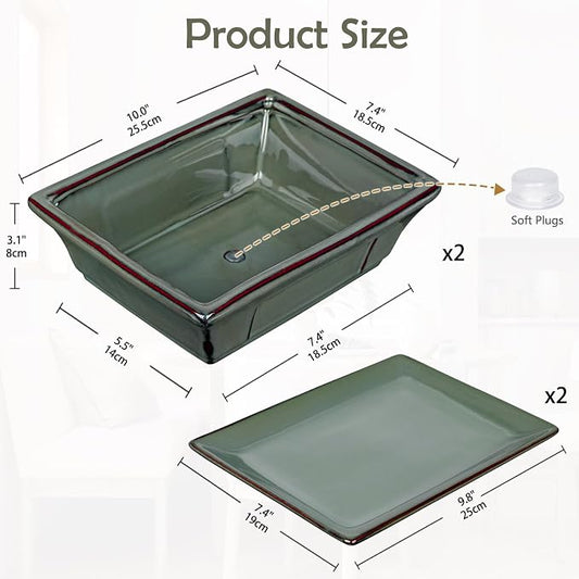 Large Ceramic Bonsai Pots with Drainage Trays Set of 2, 10" Green Glazed Bonsai Planters for Indoor/Outdoor Use, Rectangular Shallow Bonzai Tree Pot for Succulent, Orchids, Cacti, Home, Patio, Garden,