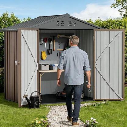 COMHOMA 6'x4' Shed Outdoor Storage Metal, Weatherproof Garden Utility Tool House with Lockable Doors & Adjustable Shelving, Ventilated Backyard Workshop,Brown