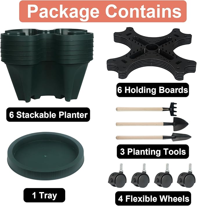 GameXcel Vertical Planter Tower - 6 Tier Stackable Garden Planters with Wheels and Tools Plant Pots for Strawberry Herb Flower and Vegetable Indoor Outdoor Use Green