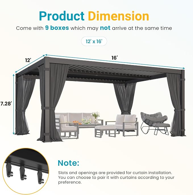 12' x 16' Louvered Pergola, Outdoor Pergola with Curtains & Netting, Aluminum Frame Patio Pergola with Adjustable Louvers Roof & Gutter System, Hardtop Gazebo for Patio, Deck, Garden, Yard, Dark Gray