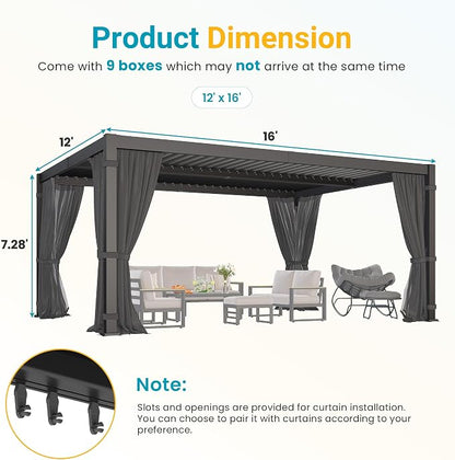 12' x 16' Louvered Pergola, Outdoor Pergola with Curtains & Netting, Aluminum Frame Patio Pergola with Adjustable Louvers Roof & Gutter System, Hardtop Gazebo for Patio, Deck, Garden, Yard, Dark Gray