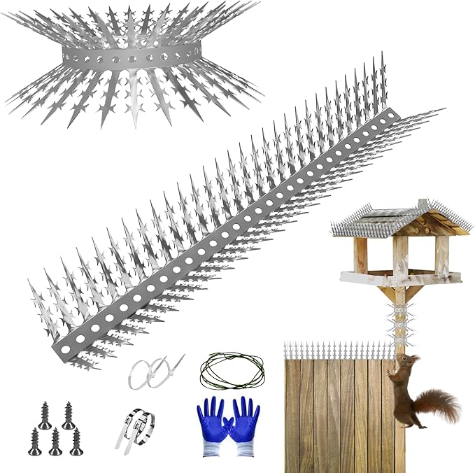 Bird Spikes Squirrel Proof Baffle for Bird Feeders, 160 Inch Avoid Climb Spikes for Outside, Fence, Wall, Tree, Drainpipes, Deterrent Spikes for Squirrel, Pigeons, Raccoon, Cat, Stainless Steel Spikes