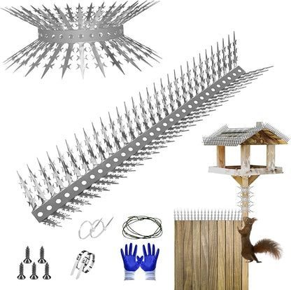 Bird Spikes Squirrel Proof Baffle for Bird Feeders, 160 Inch Avoid Climb Spikes for Outside, Fence, Wall, Tree, Drainpipes, Deterrent Spikes for Squirrel, Pigeons, Raccoon, Cat, Stainless Steel Spikes