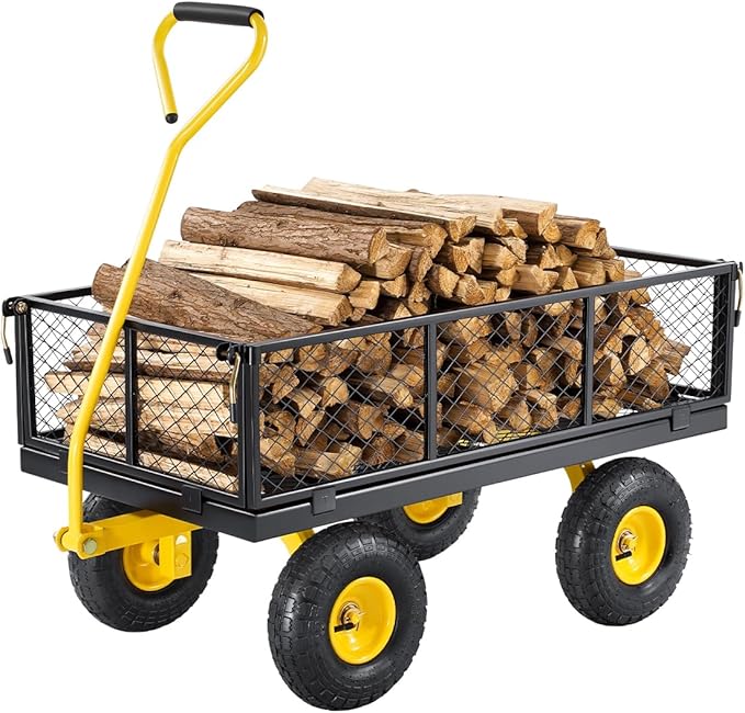 VEVOR Heavy Duty Steel Garden Cart 900 lbs Garden Wagon Cart on Wheels | Outdoor Metal Yard Utility Wagon with 10" Tires, Mesh Detachable Sides (Convert to Flatbed) and 180° Rotating Handle