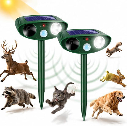 2 Pcs Upgraded Sonic Deer Repellent Devices,Solar Ultrasonic Animal Repellent Outdoor for Racoons,Squirrels,Cats,Rabbits &Foxes,Waterproof Flashing Light Motion Sensor Animal Deterrent for Garden Yard