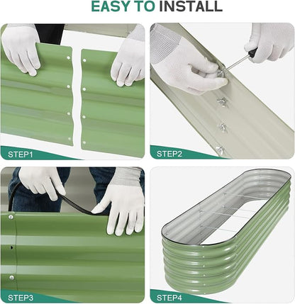 Galvanized Raised Garden Bed - 8×2×1.4ft Planter Raised Beds for Gardening | Oval Metal Garden Planter Box with Safety Edging and Gloves for Vegetables Fruits and Flower OliveGreen