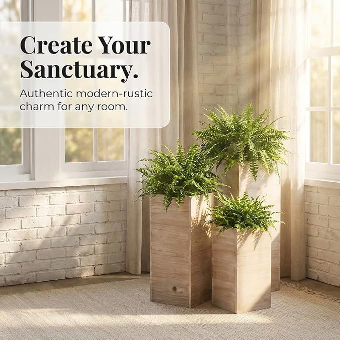 Anderson's Square Wooden Garden Planters Set – Rustic 3‑Piece Wood Planter Collection for Weddings, Patios, Backyards, Seasonal Décor & Modern‑Farmhouse Styling (Small 15", Medium 21", Large 26.75")