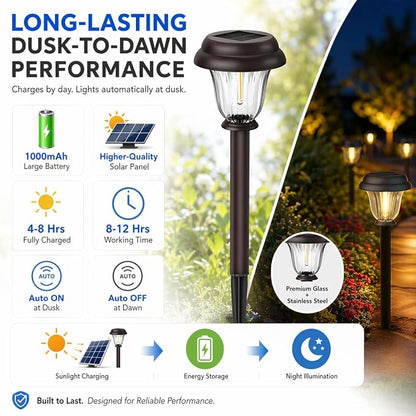 DERAYSION Solar Lights Outdoor, 6 Pack Brushed Stainless Steel Glass Solar Pathway Lights, Auto On/Off Long-Lasting Outdoor Solar Lights for Garden, Landscape, Path, Yard, 6000K Cold White