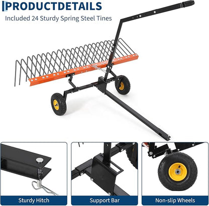 Garvee 60'' Tow Behind Lawn Dethatcher,24 Durable Spring Steel Tines Lawn Dethatcher, Tow Behind Steel Pine Straw Rake Designed to Lawn and Garden Tractors, Orange&Black