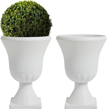 Worth Garden 2-Pack Urn Plastic Planters - 15.5" x 22" Tall Round Classic Flower Pots Pure White Traditional Large Roman Plant Pots for Front Porch Patio Deck Wedding Decoration Pot - Indoor & Outdoor
