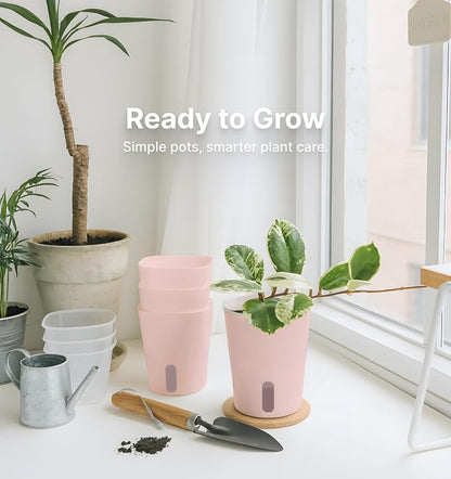 8 Pack 4" Self Watering Pots for Indoor Plants, Clear Inner Cup, Small Pink Plastic Planters, Water Level Indicator, Drainage Holes, Extra 3ft Wick, Cuttings,Seedlings,Herb,African Violets