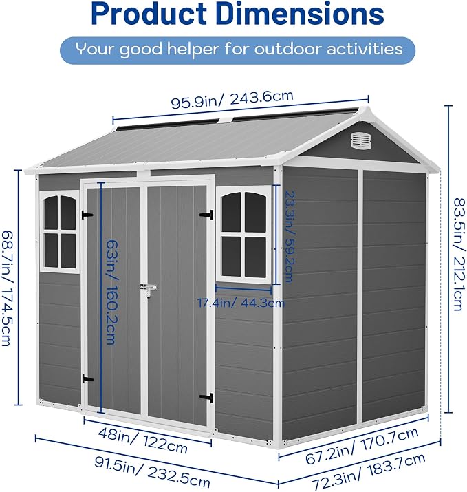 PVWIIK 8x6 ft Resin Outdoor Storage Shed with Floor & Window, Lockable Waterproof All-Weather Utility Shed for Garden Tools & Trash Bins, Gray-White