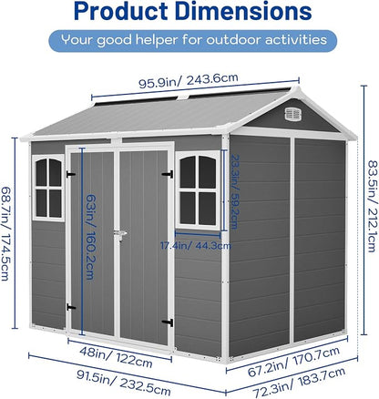 PVWIIK 8x6 ft Resin Outdoor Storage Shed with Floor & Window, Lockable Waterproof All-Weather Utility Shed for Garden Tools & Trash Bins, Gray-White